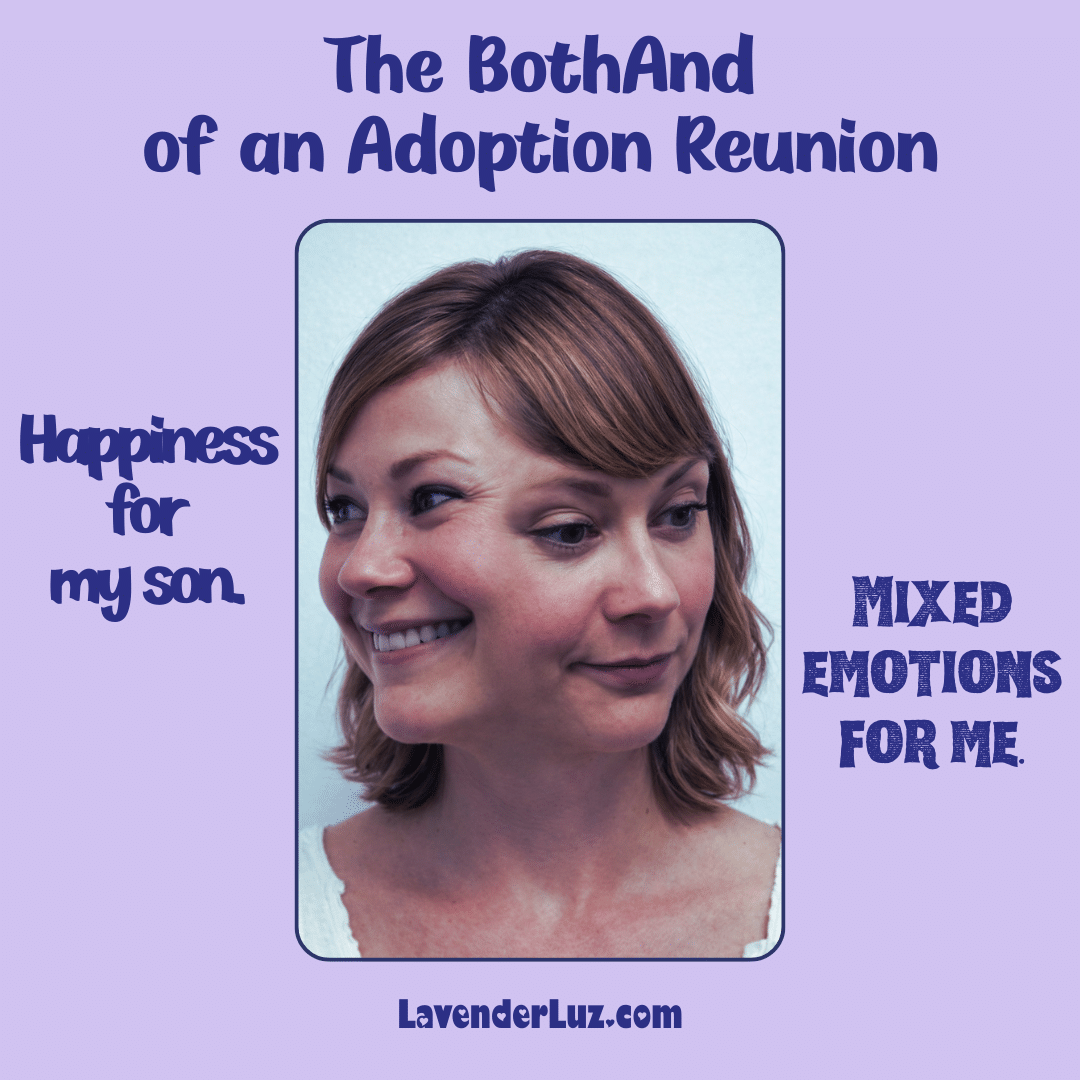 A woman who looks both happy and worried about her son's adoption reunion with his birth mom