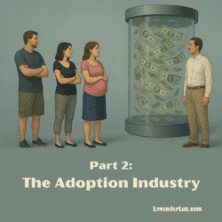 A couple and a pregnant woman are talking with an adoption professional in front of a wind tunnel in which dollars are whirling. Caption says Part 2: The Adoption Industry.