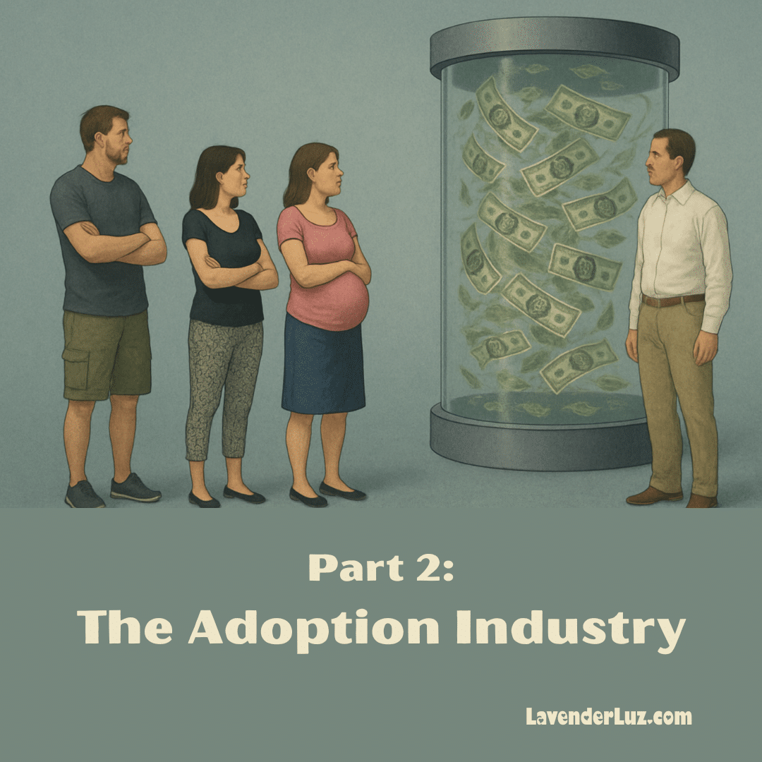 A couple and a pregnant woman are talking with an adoption professional in front of a wind tunnel in which dollars are whirling. Caption says Part 2: The Adoption Industry.