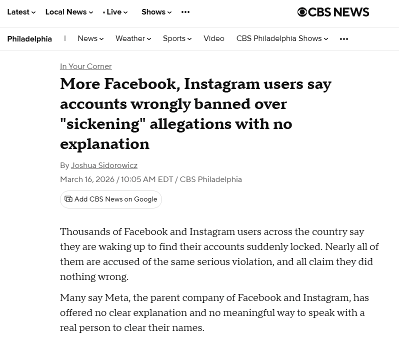 CBS reports thousands of FB and IG users have been banned without explanation or recourse.