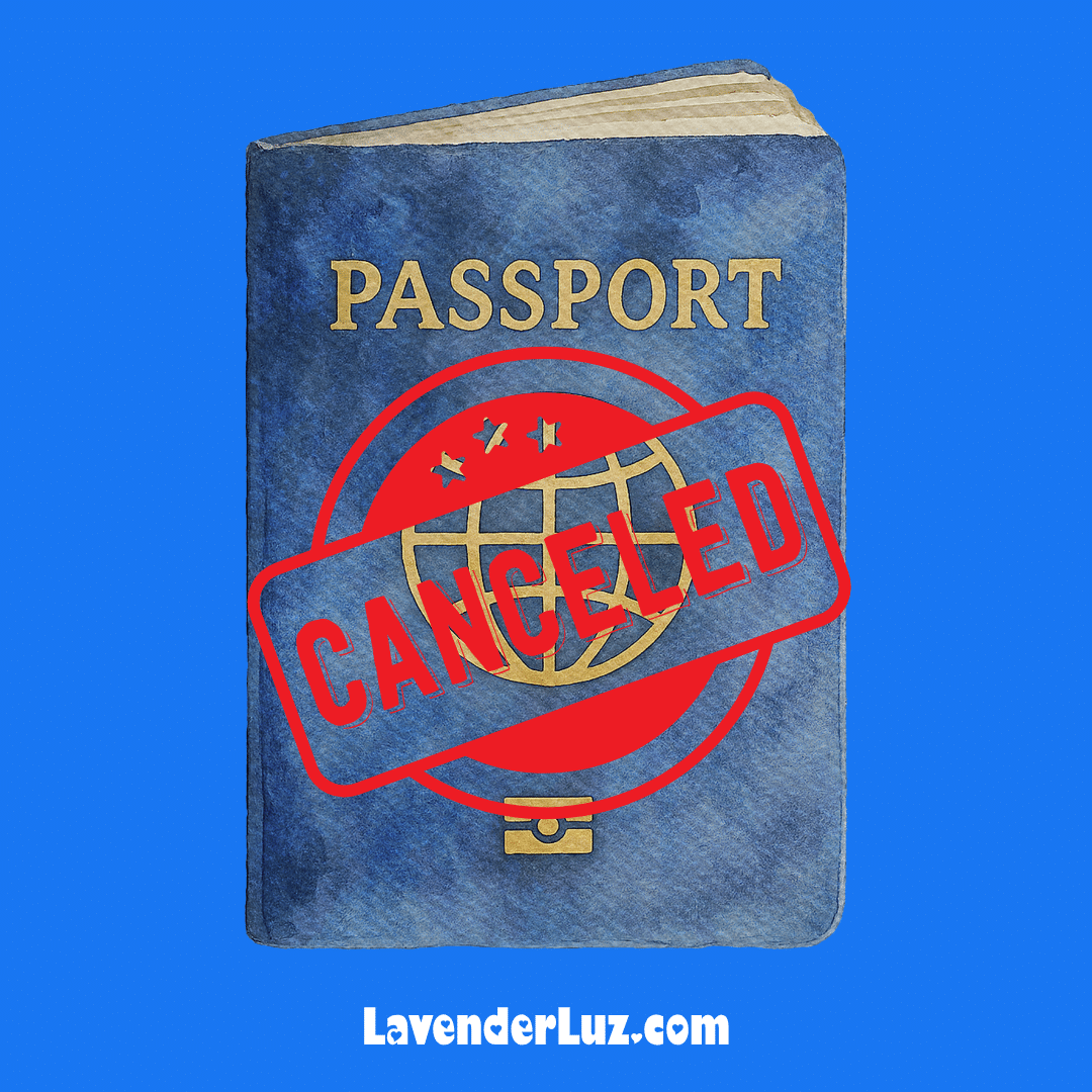 A blue passport against a blue background with a red "canceled" stamp.
