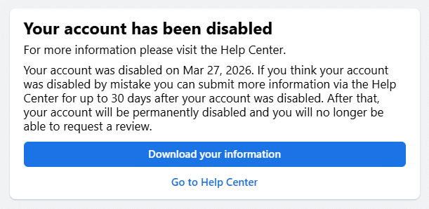 Meta message when logging in: Your account has been disabled.
