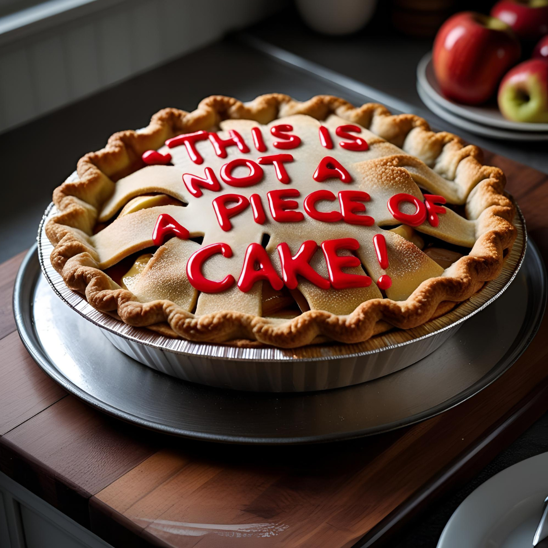An apple pie with a lattice crust featuring the words "THIS IS NOT A PIECE OF CAKE!" written in bold red icing, symbolizing the complex, non-linear challenges adoptive parents face when managing an open adoption in an adoptee-centered way.