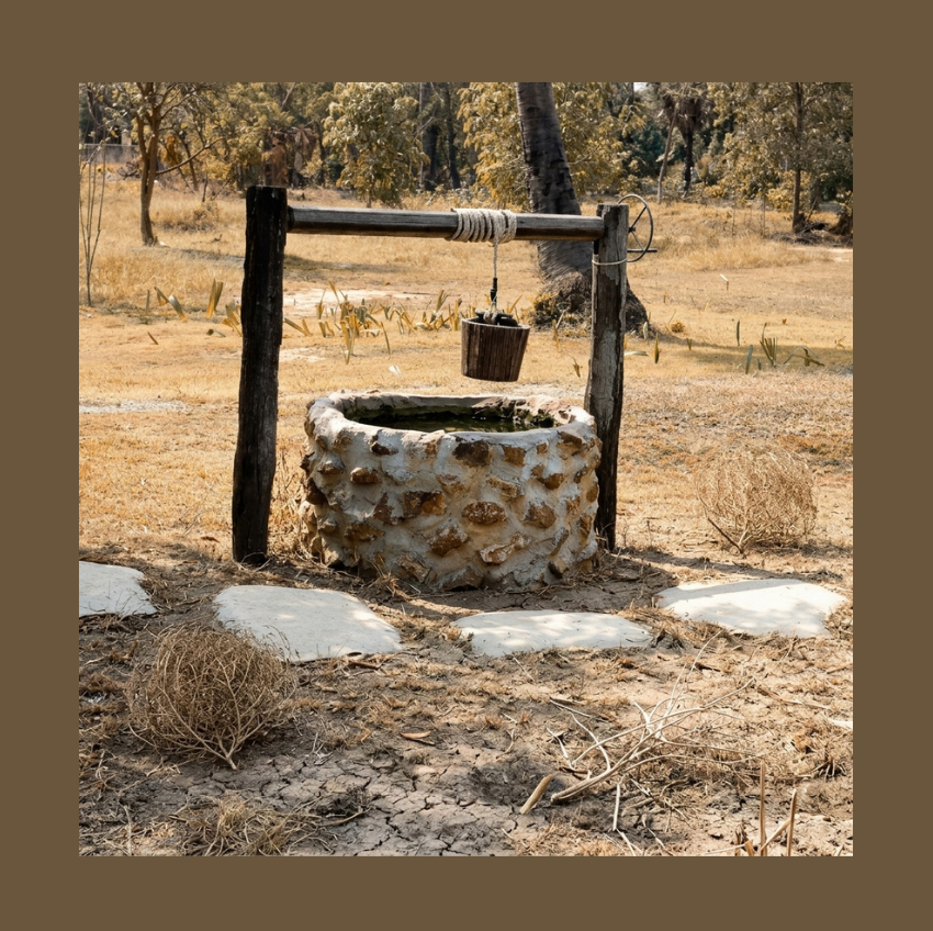 An old stone well with a hanging wooden bucket, set in a dry, withered landscape with parched grass, cracked earth, and tumbleweeds, serving as a metaphor for complicated open adoption decisions for parents.