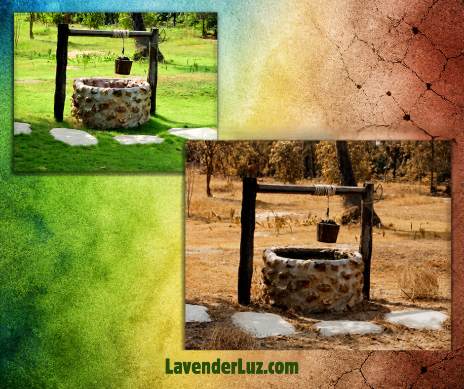Two contrasting photos of the exact same stone wishing well side-by-side; the top-left image shows the well surrounded by vibrant green grass, while the bottom-right image features the well in a dry, barren, and arid landscape.