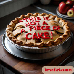 an apple pie with red icing that says "This is not a piece of cake!"